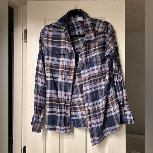 Columbia Tops - Columbia Blue and Orange Plaid Long-Sleeve Flannel Button Down